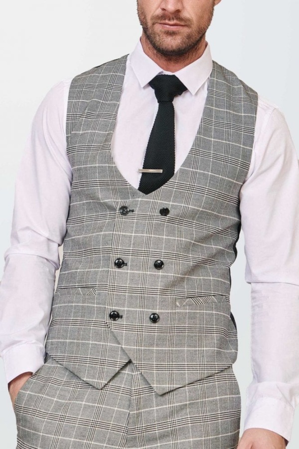 Marc Darcy Ross Grey Prince Of Wales Check Double Breasted Waistcoat